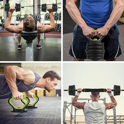 Adjustable Dumbbell and Kettlebell Set, 4 in 1, 44lbs/66lbs/88lbs Weight Used as Kettlebells, Barbell, Push up Stand for Home Gym, Green and Black, Round Head