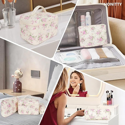 Quilted Makeup Bag Set 3 Pcs Cotton Cute Makeup Bags For Women Large Aesthetic Floral Cosmetic Bag Coquette Flower Makeup Pouch