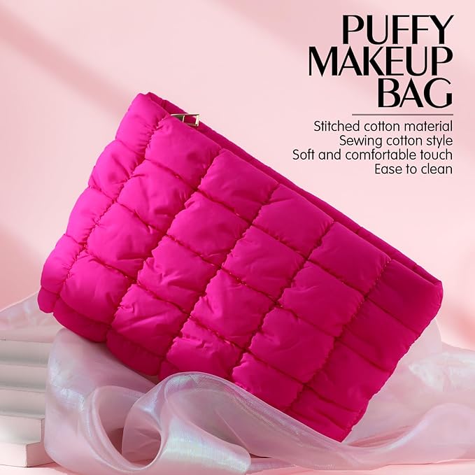 Hillban Puffy Quilted Makeup Bag Quilted Cosmetic Bag Cute Puffer Toiletry Checkered Pouch Aesthetic Travel Makeup Brushes Organizer(Rose Red,Classic)