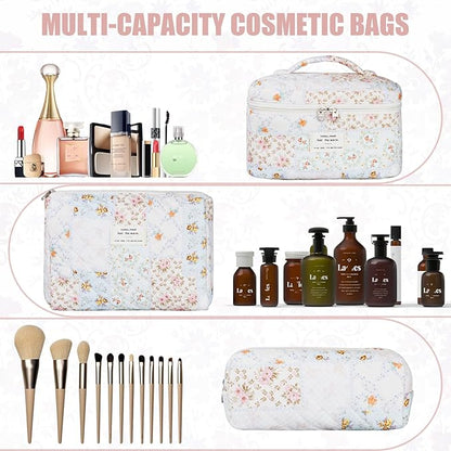 Quilted Makeup Bag Set, 3Pcs Large Checkered Corduroy Cosmetic Bags, Cute Coquette Makeup Bag Toiletry Zipper Pouch Bag for Women and Girls Checkered