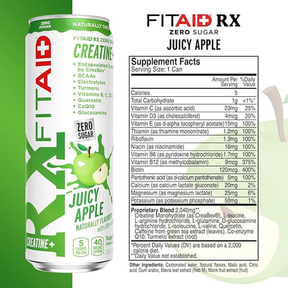 FITAID RX Zero Sugar, Encapsulated Creatine, Workout Recovery Drink, All-In-One Blend, BCAAs, Glucosamine, Turmeric, B-Complex, Naturally Sweetened, Juicy Apple, 12 Fl Oz (Pack of 12)