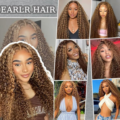 28inch Highlight Curly Lace Front Wigs Human Hair Balayage Brown Highlight 13X4 Deep Wave Wigs Human Hair Ombre Curly Wig #4/27 Colored Wigs for Women 180% Density