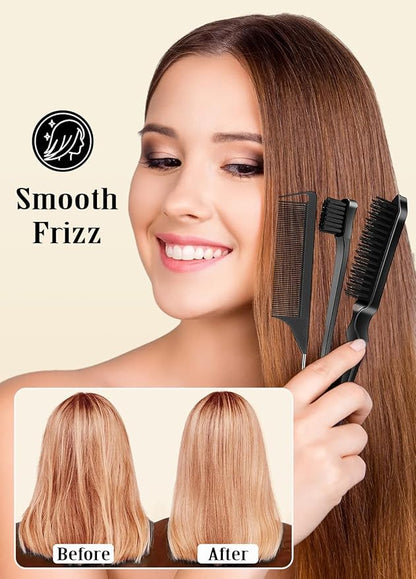 Slick Back Hair Brush Set: Hair Wax, Edge Brush, Rat Tail Comb, Bristle Brush, Hair Bun Accessories, Smoothing Brush for Women & Kids