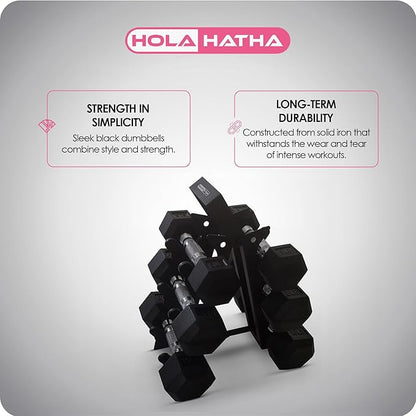 HolaHatha Hexagonal Dumbbell Free Hand Weight Set w/Rack
