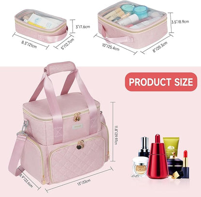 Extra Large Makeup Bag,4 in 1 Cosmetic Storage Organizer Travel Case with Detachable Pouches and Dividers,Pink