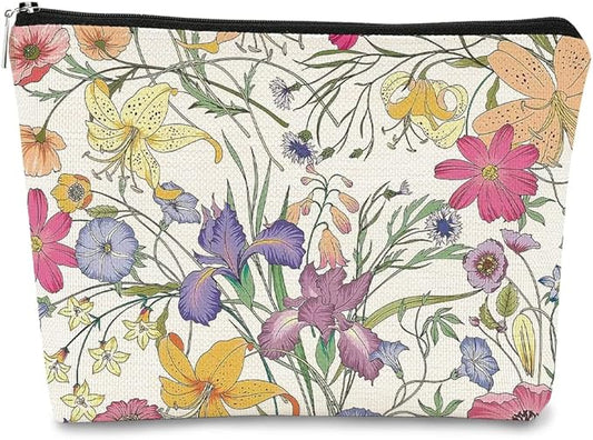 Vintage Cottagecore Watercolor Summer Wildflowers Makeup Bag,Colorful Floral Cosmetic Bag Best Gift Idea for Flower Lover Girls Women Mom,Zipper Travel Toiletry Bag Birthday Mother's Day Gifts for Mom
