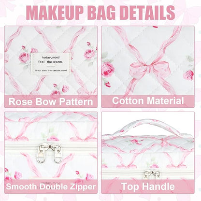 Quilted Makeup Bag Set, 3Pcs Large Checkered Corduroy Cosmetic Bags, Cute Coquette Makeup Bag Toiletry Zipper Pouch Bag for Women and Girls Checkered