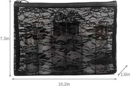 fashion portable cosmetic bag,Visible large capacity Nylon storage bag, for Business Travel bath, Unisex (black 3pcs set) (purpose made lace zippered cosmetic bag)