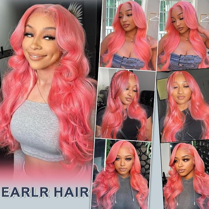 20 Inch Pink Lace Front Wig Human Hair 13x4 HD Lace Pink Body Wave Wig Human Hair Pre Plucked Colored Body Wave Wig Human Hair For Women 150% Density Strawberry Body Wave Lace Front Wig