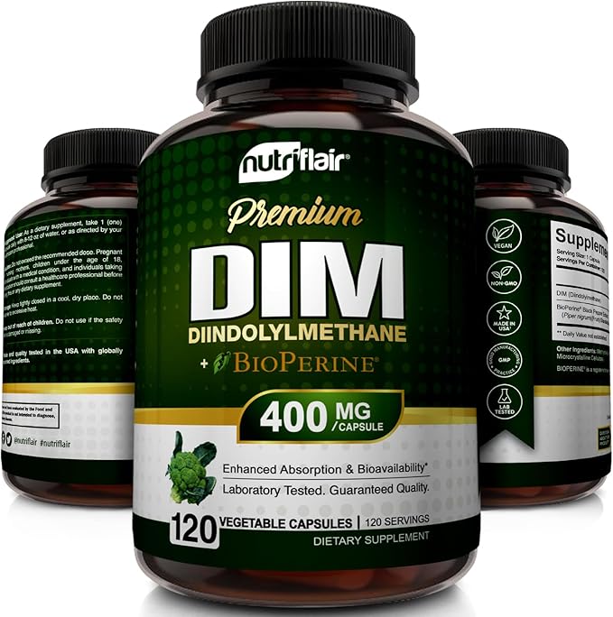 NutriFlair DIM Supplement 400mg with Bioperine, 120 Capsules - Diindolylmethane - Estrogen Metabolism Support & Hormone Balance, Menopause, PCOS, Acne and Skin Care for Men & Women - Compare to 300mg