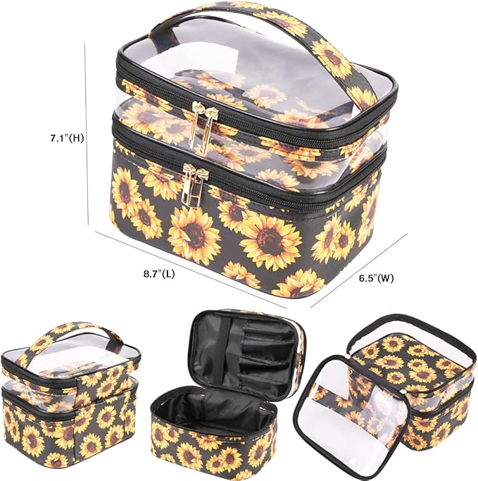 FITINI 3 Pieces Sunflower Makeup Bags Double Layer Travel Large Cosmetic Cases Organizer Toiletry Bags Waterproof Small Zipper Pouch for Women Makeup Brush Storage Bag