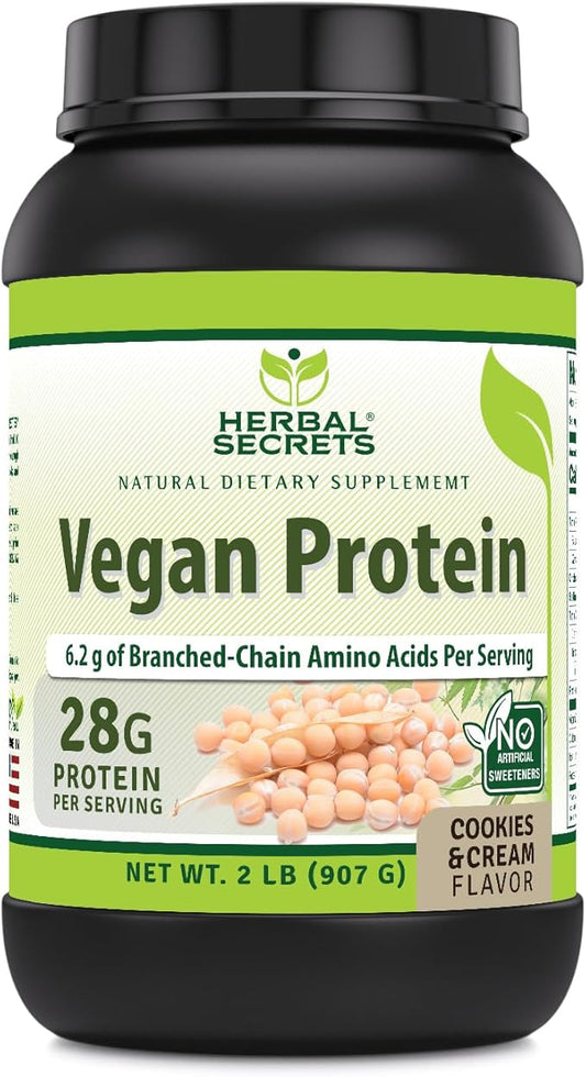 Herbal Secrets Vegan Protein | Cookies & Cream Flavor | 28 Grams Protein | 23 Servings | 6.2 Grams BCAA Supplement | Made in USA