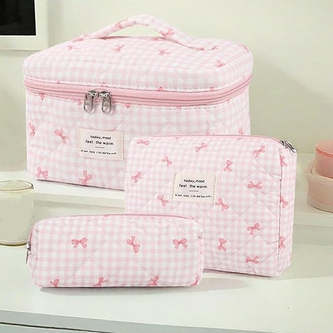 3 Pcs Quilted Makeup Bag Set, Bow, Coquette, Floral Make Up Bag - Large Toiletry Cosmetic Bags Organizer for Women & Girls (K-3PCS)
