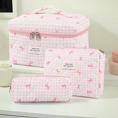3 Pcs Quilted Makeup Bag Set, Bow, Coquette, Floral Make Up Bag - Large Toiletry Cosmetic Bags Organizer for Women & Girls (K-3PCS)