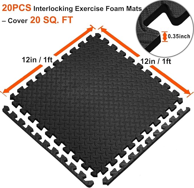 Exercise Mats Puzzle Foam Mats Gym Flooring Mat 20 SQ.FT (20pcs Black