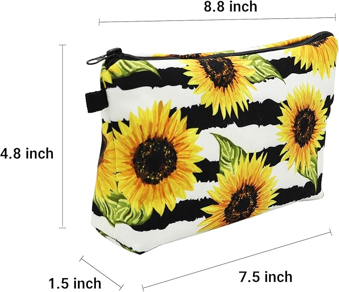 Cute Travel Makeup Bag Cosmetic Bag Small Pouch Gift for Women (Stripes Sunflowers)
