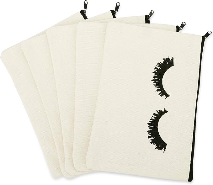 PHOGARY 6PCS Canvas Makeup Pouch, Cosmetic Bag Bulk Travel Make Up Pouch Toiletry Case with Zippered Pocket for Women (Eyelash Pattern) Cream
