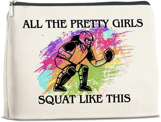 Softball Catcher Makeup Bag - Gifts for Girls and Women - All the Pretty Girls Squat Like This - Cosmetic Zipper Pouch