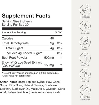 humanN SuperBeets Heart Chews, Nitric Oxide and Blood Pressure Support, Grape Seed Extract & Non-GMO Beet Root Powder Energy Chews, Super Beets Heart Chews, Pomegranate Berry Flavor, 60 Count