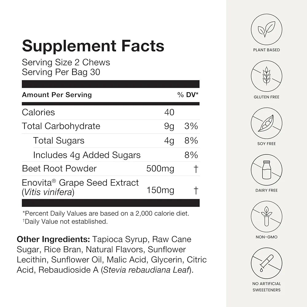 humanN SuperBeets Heart Chews, Nitric Oxide and Blood Pressure Support, Grape Seed Extract & Non-GMO Beet Root Powder Energy Chews, Super Beets Heart Chews, Pomegranate Berry Flavor, 180 Count