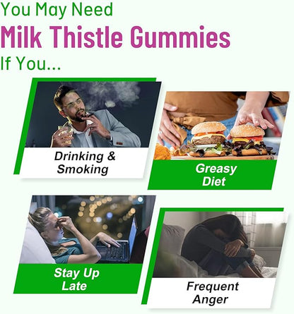 Milk Thistle Gummies for Adults Kids. Liver Cleanse Detox Repair Gummies, 1000 m Milk Thistle Extract Supplement for Liver Support Digestive Metabolism Antioxidant, 60ct Apple Flavor