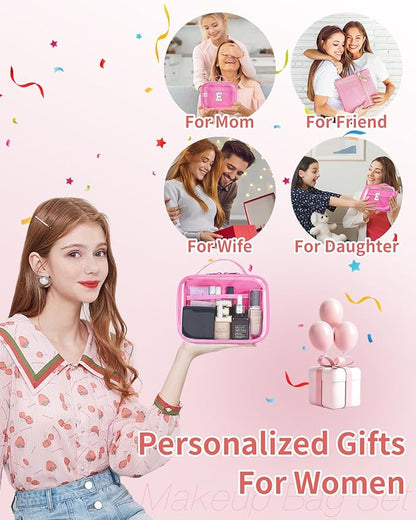Wandering Nature Clear Makeup Bags 2 Pack Personalized Initial Makeup Pouch Preppy Small Cosmetic Pouch Organizer Travel Toiletry Bag, Birthday Gifts for Girlfriend Women