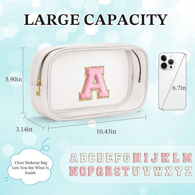 YOOLIFE Initial Makeup Bag Travel Toiletry Bag, Clear Makeup Bag Preppy Cosmetic Bag Clear Makeup Bags With Zipper Girlfriend Teacher 7 Year Old Girl Gifts Daughter Gifts Swim Gifts For Girls White Z