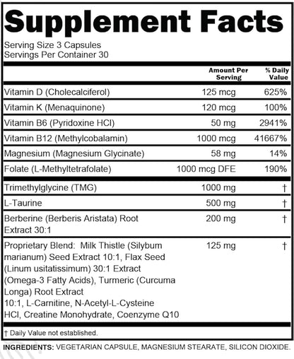 Clean Nutraceuticals TMG Taurine Supplement - Methylated Multivitamin with B6 Vitamins, B12, D3 K2, Magnesium Methylfolate Milk Thistle Omega 3 Turmeric NAC L Carnitine Creatine COQ10 & More, 90 Ct