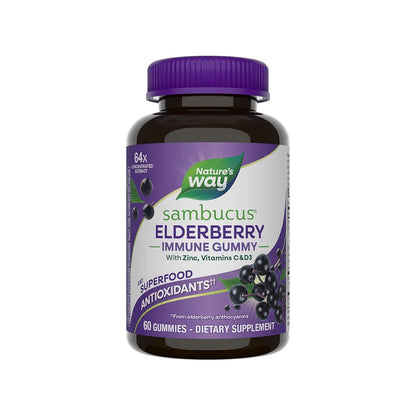 Nature’s Way Sambucus Elderberry Immune Support Gummies for Kids & Adults* with Black Elderberry Extract, Vitamin C, Vitamin D3, and Zinc, 60 Gummies