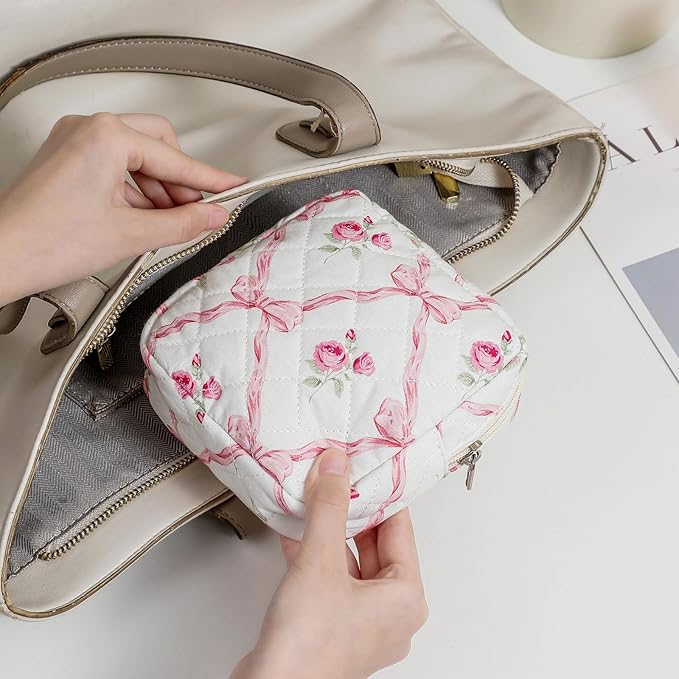 Small Quilted Cotton Makeup Bag for Purse, Cosmetic Bag with Compartments, Cotton Aesthetic Makeup Bag, Travel Toiletry Pouch, Key Pocket Lipstick Bag Card Holder Data Cable Organizer (04Pink Bow)