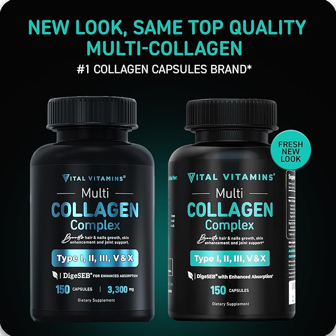 Vital Vitamins Collagen for Women & Men (2 Pack) - Type I, II, III, V, X Multi Collagen Pills - Grass Fed, Non-GMO - 300 Capsules