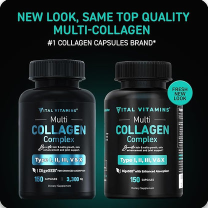 Vital Vitamins Collagen for Women & Men (2 Pack) - Type I, II, III, V, X Multi Collagen Pills - Grass Fed, Non-GMO - 300 Capsules