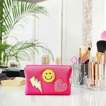 LieToi Preppy Patch Small Toiletry Bag, Smile Lightning Heart PU Leather Portable Waterproof Makeup Cosmetic Bag Daily Use Storage Purse Travel Organizer Compliant Bag for Women Girls Gift (Rose Red)