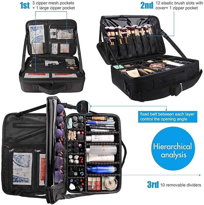 MONSTINA Large Capacity Makeup Case 3 Layers Cosmetic Organizer Brush Bag with Four Small Bag,Barber Hairdresser Train Case Makeup Artist Box Nail Polish Organizer