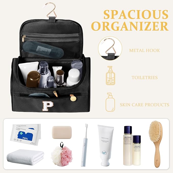 COSHAYSOO Summer Birthday Gifts for Women Her Beach Vacation Gift Ideas Personalized Travel Size Toiletries Organizer, Large Hanging Toiletry Bag Skincare Case Waterproof Traveling Black Letter P