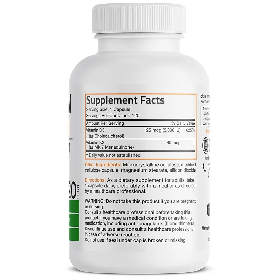 Bronson Vitamin K2 (MK7) with D3 Supplement Non-GMO Formula 5000 IU Vitamin D3 & 90 mcg K2 MK-7 Easy to Swallow D & K Complex, 120 Capsules