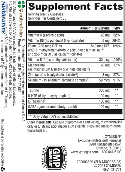 XYMOGEN Mood Food ES - Supports Calmness, Relaxation and a Healthy Mood with Active Folate, B Vitamins, 5-HTP, GABA, Minerals, Suntheanine L-Theanine, Selenium (60 Capsules)