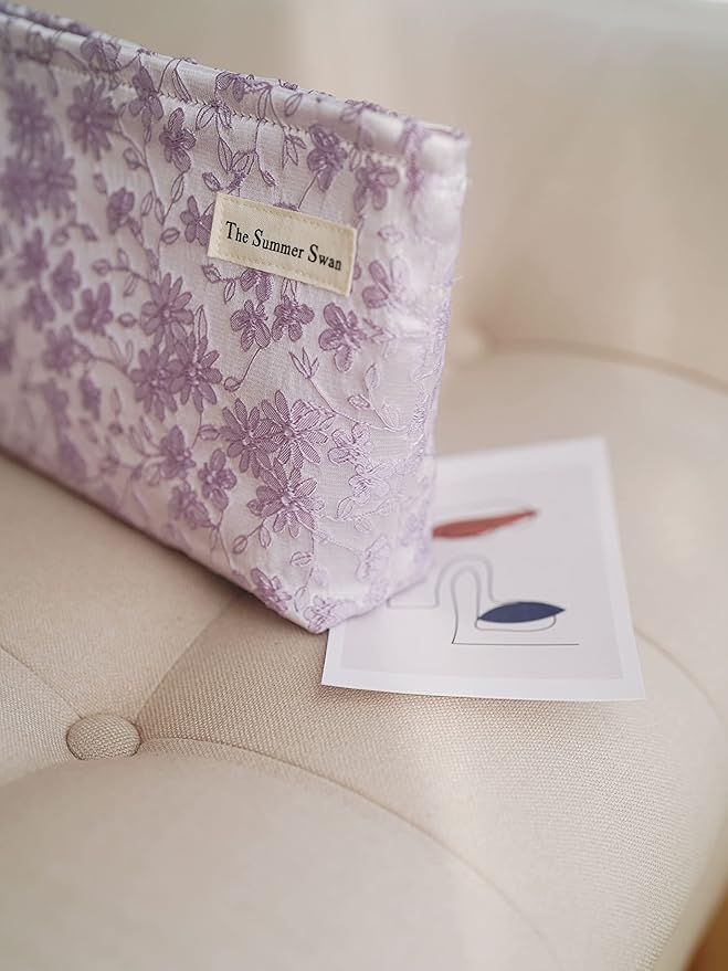 The Summer Swan | Floral Cosmetic Bag｜Large Aesthetic Personal Item Bag | Preppy Travel Makeup Pouch | Skincare Bag (Embroidery Light Purple)