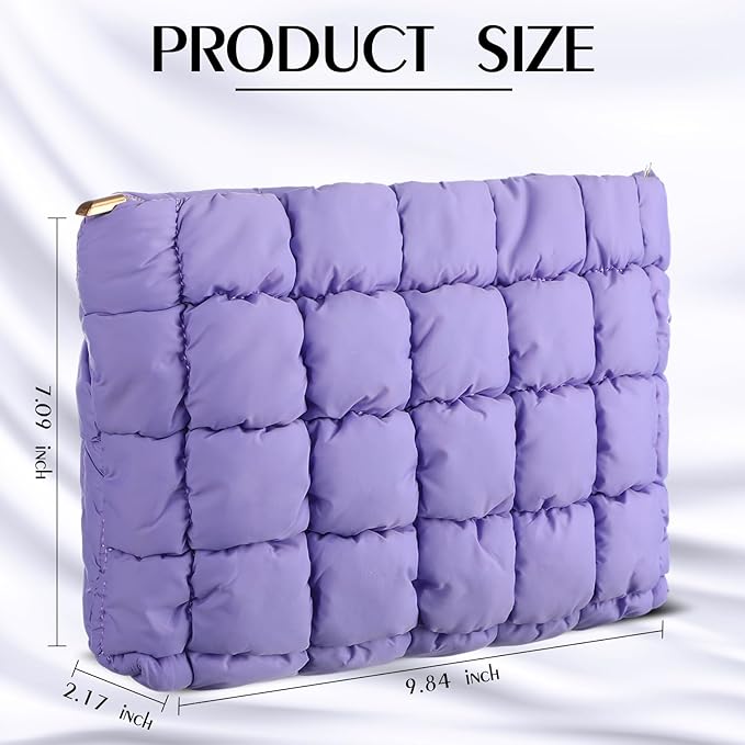 Hillban Puffy Quilted Makeup Bag Quilted Cosmetic Bag Cute Puffer Toiletry Checkered Pouch Aesthetic Travel Makeup Brushes Organizer(Purple,Classic)