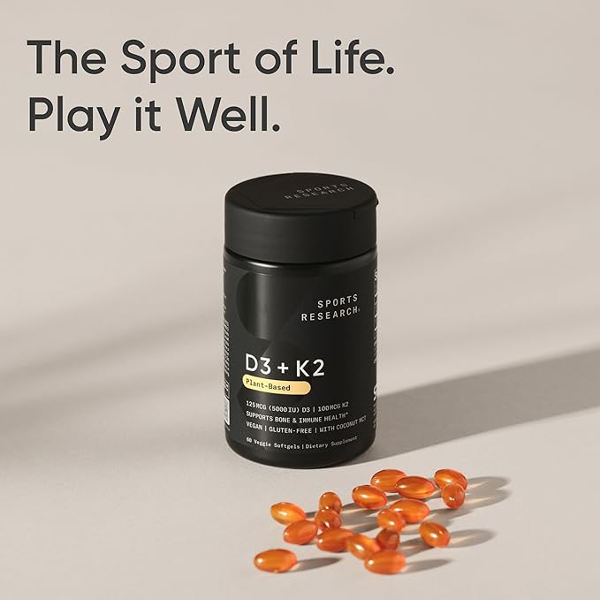Sports Research Vitamin D3 + K2 w/ Coconut Oil - Vegan Vitamin D 5000iu & Mk7 Vitamin K 100mcg for Bone & Immune Support - Vegan Certified · Non-GMO · Soy Free - 60 Softgels