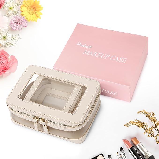 Clear Makeup Bag with Zipper Waterproof Travel Makeup Set for Cosmetics and Toiletries Women's Purse Organizer and Car Essentials (Beige, M+MINI)