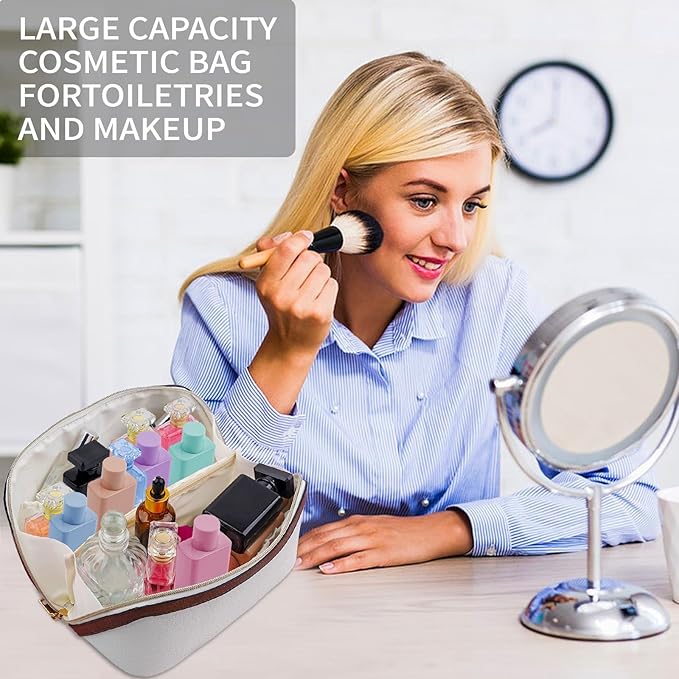 Stylish Makeup Bag Organizer Travel Case for Women Cosmetic Bag for Toiletries and Makeup Waterproof Leather Cosmetic Bag Perfect Fit Home or on the Go (B-White/Brown)