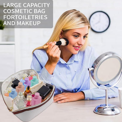 Stylish Makeup Bag Organizer Travel Case for Women Cosmetic Bag for Toiletries and Makeup Waterproof Leather Cosmetic Bag Perfect Fit Home or on the Go (B-White/Brown)