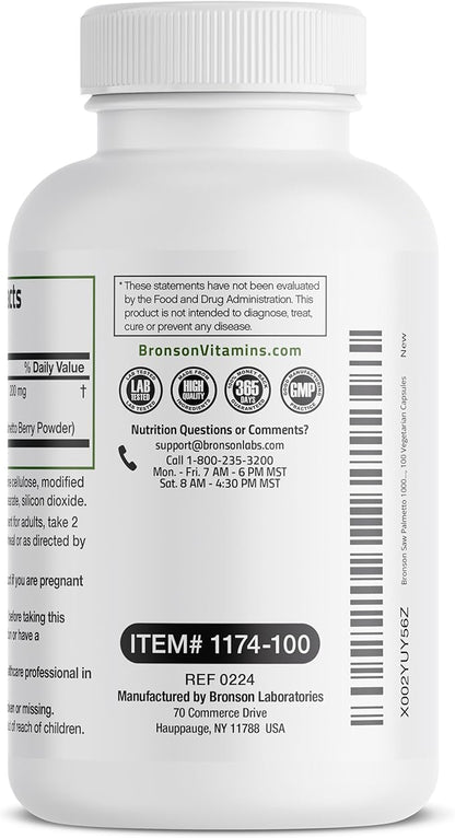 Bronson Saw Palmetto Extra Strength Supports Healthy Prostate Function & Urinary Health Support - Non GMO, 100 Vegetarian Capsules
