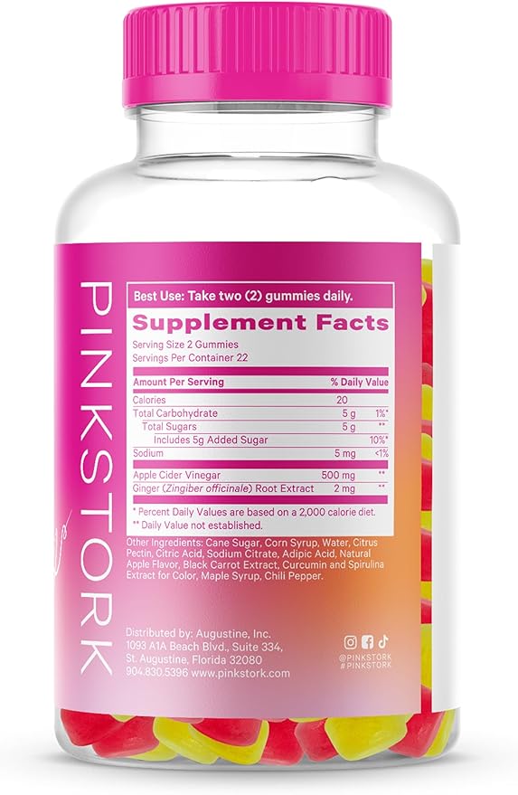 Pink Stork Detox Gummies, ACV Gummies with Ginger to Support Detox and Debloat, Metabolism, Gut Health and Digestion, Chewable Apple Cider Vinegar Gummies - 44 Count