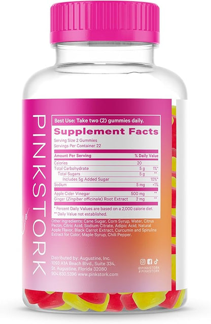 Pink Stork Detox Gummies, ACV Gummies with Ginger to Support Detox and Debloat, Metabolism, Gut Health and Digestion, Chewable Apple Cider Vinegar Gummies - 44 Count