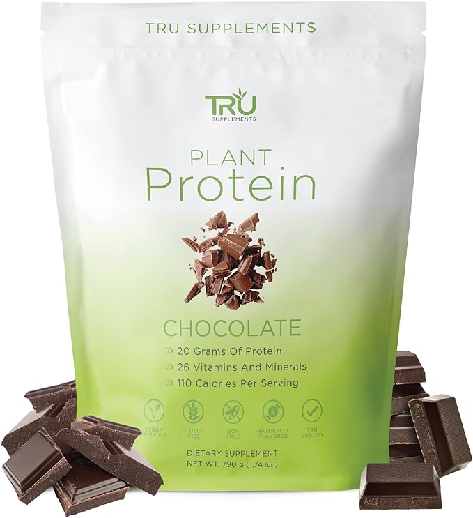 TRU Plant Based Protein Powder, BCAA, EAA, 20g Vegan Protein, 100 Calories, 27 Vitamins, No Artificial Flavors 25 Servings (Natural Chocolate Cream)