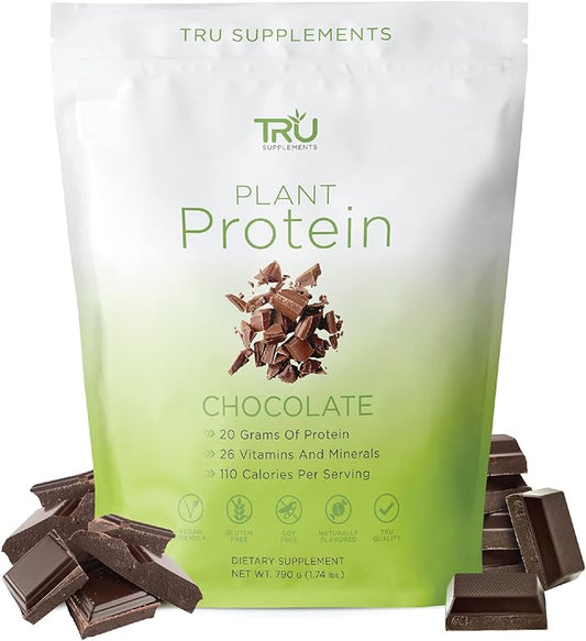 TRU Plant Based Protein Powder, BCAA, EAA, 20g Vegan Protein, 100 Calories, 27 Vitamins, No Artificial Flavors 25 Servings (Natural Chocolate Cream)