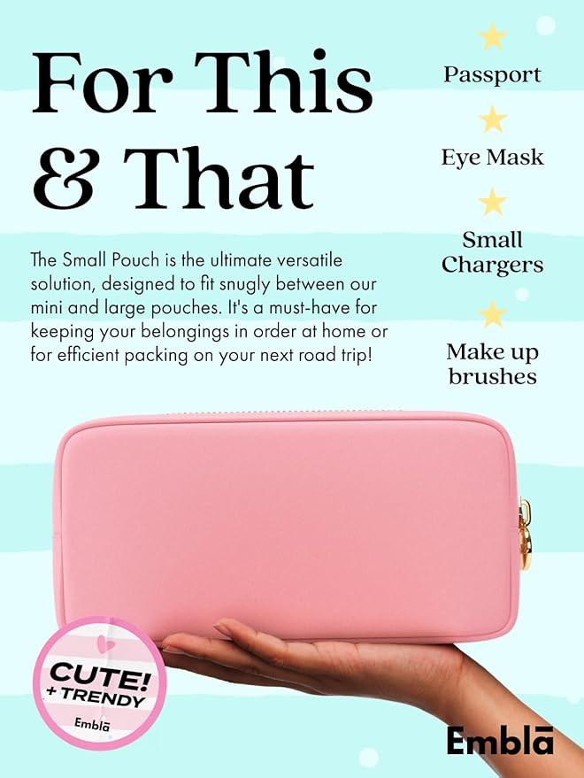 Embla Makeup Bag Travel Cosmetics Pouch and Toiletry Bag, Nylon Zipper Pouch Purse, Cute Make Up Organizer Storage Tote for Women Girls, Waterproof Travel Skincare Case, Small Makeup Bags, Ballet Pink