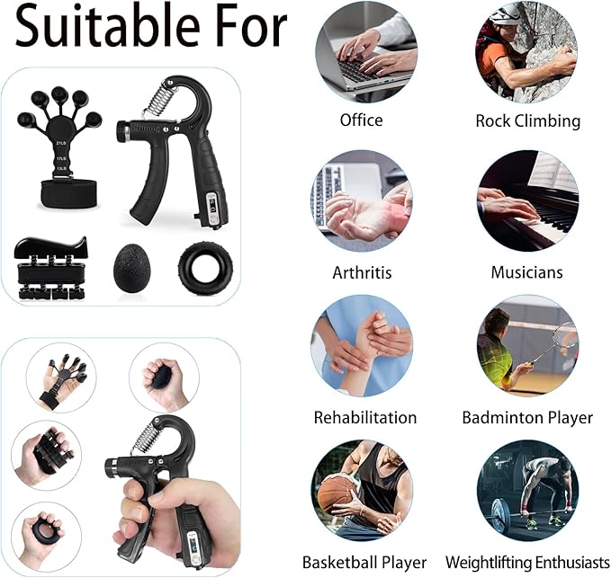 Grip Strength Trainer Kit (5 Pack) with Finger Exerciser
